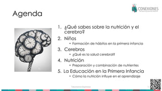 Tokuhama-Espinosa 11
Agenda
1. ¿Qué sabes sobre la nutrición y el
cerebro?
2. Niños
• Formación de hábitos en la primera infancia
3. Cerebros
• ¿Qué es la salud cerebral?
4. Nutrición
• Preparación y combinación de nutrientes
5. La Educación en la Primera Infancia
• Cómo la nutrición influye en el aprendizaje
 