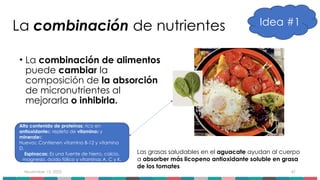 November 15, 2025 47
La combinación de nutrientes
• La combinación de alimentos
puede cambiar la
composición de la absorción
de micronutrientes al
mejorarla o inhibirla.
Las grasas saludables en el aguacate ayudan al cuerpo
a absorber más licopeno antioxidante soluble en grasa
de los tomates
Alto contenido de proteínas; rico en
antioxidantes; repleto de vitaminas y
minerales:
Huevos: Contienen vitamina B-12 y vitamina
D.
Espinacas: Es una fuente de hierro, calcio,
magnesio, ácido fólico y vitaminas A, C y K.
Idea #1
 