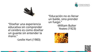 “Diseñar una experiencia
educativa sin comprender
el cerebro es como diseñar
un guante sin entender la
mano.”
-Leslie Hart (1983)
“Educación no es llenar
un balde, sino prender
un fuego.”
-William Bulter
Yeates (1923)
5
 