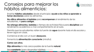 November 15, 2025 Tokuhama-Espinosa 67
Consejos para mejorar los
hábitos alimenticios:
Enseñar hábitos saludables desde el principio; ayude a los niños a aprender a
tomar decisiones sobre los alimentos.
No utilice alimentos ni bebidas para recompensar el rendimiento de los
estudiantes, ni para castigar.
No retenga alimentos, bebidas o tiempo de actividad física para disciplinar por
rendimiento académico o mal comportamiento en el aula.
Permita que los estudiantes visiten la fuente de agua durante todo el día escolar y
lleven agua en clase.
Comience el día con un buen desayuno.
Fomenta la alimentación consciente (mindful)
Come con otros.
Elija alimentos lo más cerca posible de la fuente natural.
Sea constante (para desarrollar hábitos).
 