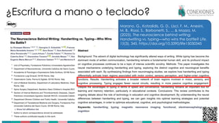 ¿Escritura a mano o teclado?
7
Marano, G., Kotzalidis, G. D., Lisci, F. M., Anesini,
M. B., Rossi, S., Barbonetti, S., ... & Mazza, M.
(2025). The neuroscience behind writing:
Handwriting vs. typing—who wins the battle? Life,
15(3), 345. https://doi.org/10.3390/life15030345
 