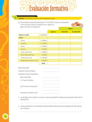 Evaluación formativa
146
Calcula el Impuesto a la Renta de los siguientes casos.
Aplica los conocimientos adquiridos.
1
a)	 Marta Reyes (cédula de identidad N° 1722726971) tiene una panadería
como persona natural. El detalle de sus ingresos y
gastos anuales es el siguiente:
•	 ¿Cuál dígito de la cédula se toma en cuenta para definir el plazo para la presentación de la
declaración?
Base imponible	 __________________________
Impuesto fracción básica	 __________________________
Impuesto fracción excedente
Base imponible	 __________________________
(–) Fracción básica	 __________________________
	__________________________
(x) % Fracción excedente	 __________________________
	__________________________
Impuesto a la Renta total	 __________________________
•	 ¿Hasta qué fecha la contribuyente Martha Reyes debe presentar la declaración del Impues-
to a la Renta?
_____________________________________________________________________________________________
_____________________________________________________________________________________________
Gastos
Ingresos Deducible No deducible
Ingresos anuales $ 28 000,00
Gastos
Harina $ 5 000,00
Levadura $ 2 700,00
Aceite $ 2 900,00
Huevos $ 850,00
Gasto vestimenta $ 1 800,00
Gasto deuda del auto $ 250,00
Víveres de su casa $ 2 000,00
Medicamentos para su hijo $ 250,00
Total
 