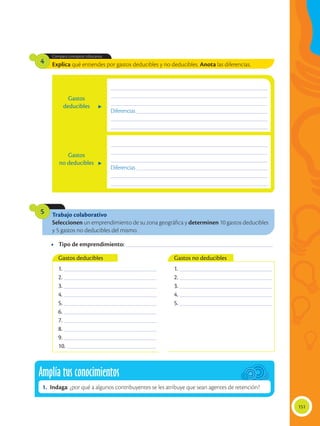 151
Explica qué entiendes por gastos deducibles y no deducibles. Anota las diferencias.
Compara conceptos tributarios.
4
Trabajo colaborativo
Seleccionen un emprendimiento de su zona geográfica y determinen 10 gastos deducibles
y 5 gastos no deducibles del mismo.
5
1. ________________________________________
2. ________________________________________
3. ________________________________________
4. ________________________________________
5. ________________________________________
6. ________________________________________
7. ________________________________________
8. ________________________________________
9. ________________________________________
10. _______________________________________
1. ________________________________________
2. ________________________________________
3. ________________________________________
4. ________________________________________
5. ________________________________________
Gastos deducibles Gastos no deducibles
Gastos
no deducibles
Gastos
deducibles
____________________________________________________________________
____________________________________________________________________
____________________________________________________________________
Diferencias _________________________________________________________
____________________________________________________________________
____________________________________________________________________
____________________________________________________________________
____________________________________________________________________
____________________________________________________________________
Diferencias _________________________________________________________
____________________________________________________________________
____________________________________________________________________
•	 Tipo de emprendimiento: ______________________________________________________________
Amplía tus conocimientos
1.	Indaga: ¿por qué a algunos contribuyentes se les atribuye que sean agentes de retención?
 