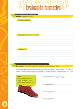 Evaluación formativa
30
Expone qué entiendes por:
Encuentra el punto de equilibrio en unidades con los siguientes datos.
Un emprendedor de calzado crea un nuevo diseño y lo venderá al público por $ 45 cada uni-
dad. El costo variable para producir cada par de zapatos es de $ 25 y el costo fijo es de $ 2 500.
Explica conceptos vinculados al emprendimiento.
Distingue los diferentes tipos de costos que puede tener un emprendimiento.
1
2
______________________________________________________________________________________________
______________________________________________________________________________________________
______________________________________________________________________________________________
______________________________________________________________________________________________
______________________________________________________________________________________________
______________________________________________________________________________________________
______________________________________________________________________________________________
______________________________________________________________________________________________
______________________________________________________________________________________________
______________________________________________________________________________________________
______________________________________________________________________________________________
______________________________________________________________________________________________
______________________________________________________________________________________________
______________________________________________________________________________________________
______________________________________________________________________________________________
______________________________________________________________________________________________
______________________________________________________________________________________________
______________________________________________________________________________________________
Punto de equilibrio
Margen de contribución variable
Proyecciones
Datos:
Precio de venta: $ 45 c/u
Costos variables: $ 25 c/u
Costos fijos totales: $ 2 500
Punto de equilibrio =
Punto de equilibrio =
Punto de equilibrio =
Punto de equilibrio =
CFT
PVU – CVU
 