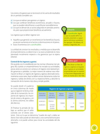 75
Los costos y los gastos que se reconocen en la cuenta de resultados
de un período contables son:
a)	 Los que se realizan para generar un ingreso.
b)	Los que conllevan beneficios económicos, actuales o futuros,
que no pueden identificarse o cuantificarse razonablemente.
c)	 Los que se derivan de un activo adquirido en periodos anterio-
res, pero que proporcionan beneficios actualmente.
Los ingresos que se deben registrar son:
•	 Aquellos que generan un incremento en los beneficios futuros,
ya sea por aumentos en el activo o disminuciones en el pasivo.
•	 Estos incrementos son cuantificables.
La utilidad de conocer los resultados, a medida que se desarrolla
el emprendimiento, es determinar si se está cumpliendo la meta
planteada inicialmente respecto a las ganancias que se espera
obtener.
Control de los ingresos y gastos
De acuerdo con lo establecido por las normas tributarias (ver pá-
gina 39), cuando un emprendimiento ha iniciado sus actividades,
pocas veces se conoce con certeza si el negocio está representan-
do ganancias o pérdidas. La mejor manera de ordenar esta infor-
mación es llevar un registro de ingresos y egresos destinado exclu-
sivamente a esta tarea. Aquí se deben anotar diariamente todos los
ingresos y salidas de dinero, con su respectiva fecha, y describir la
transacción de la manera más clara y simple posible.
Se puede dividir el cuaderno
en cinco columnas de modo
que se registren la fecha, el de-
talle de la transacción, los im-
portes de ingresos, los impor-
tes de costos y de gastos, y en
la última columna, los saldos
del efectivo.
Al finalizar la jornada de tra-
bajo se verifica que el saldo
coincida con el dinero exis-
tente. Esto es lo que se denomina “cuadre de caja”, y debe ser
diario. Este valor puede ser destinado a una cuenta bancaria para
ahorrarlo, o se puede utilizar para iniciar las actividades del día
siguiente.
Glosario
Cuantificable. Signifi-
ca que se puede definir su
tamaño, extensión o capaci-
dad en términos numéricos.
Por ejemplo: 120 dólares, 40
metros, 5 segundos, etc.
a
cb
Registro de ingresos y egresos
¿Sabías qué?
Para llevar un libro de
ingresos y egresos se requiere
tener ingresos en actividades
empresariales que no superen
15 fracciones desgravadas (en
2015 un monto de $ 156 150).
Fecha de la
transacción
02/09/2015
03/09/2015
Descrip-
ción de la
transacción
Depósito
Compra
de com-
putador
Ingresos
recibidos
1 000,00
0
Costos
y gastos
(egresos)
0
600,00
Saldo
1 000,00
400,00
 