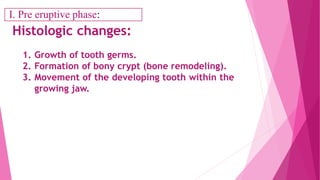 Histologic changes:
1. Growth of tooth germs.
2. Formation of bony crypt (bone remodeling).
3. Movement of the developing tooth within the
growing jaw.
I. Pre eruptive phase:
 