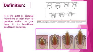 Definition:
It is the axial or occlusal
movement of teeth from its
position within the jaw
bone to its functional
position in occlusion.
 