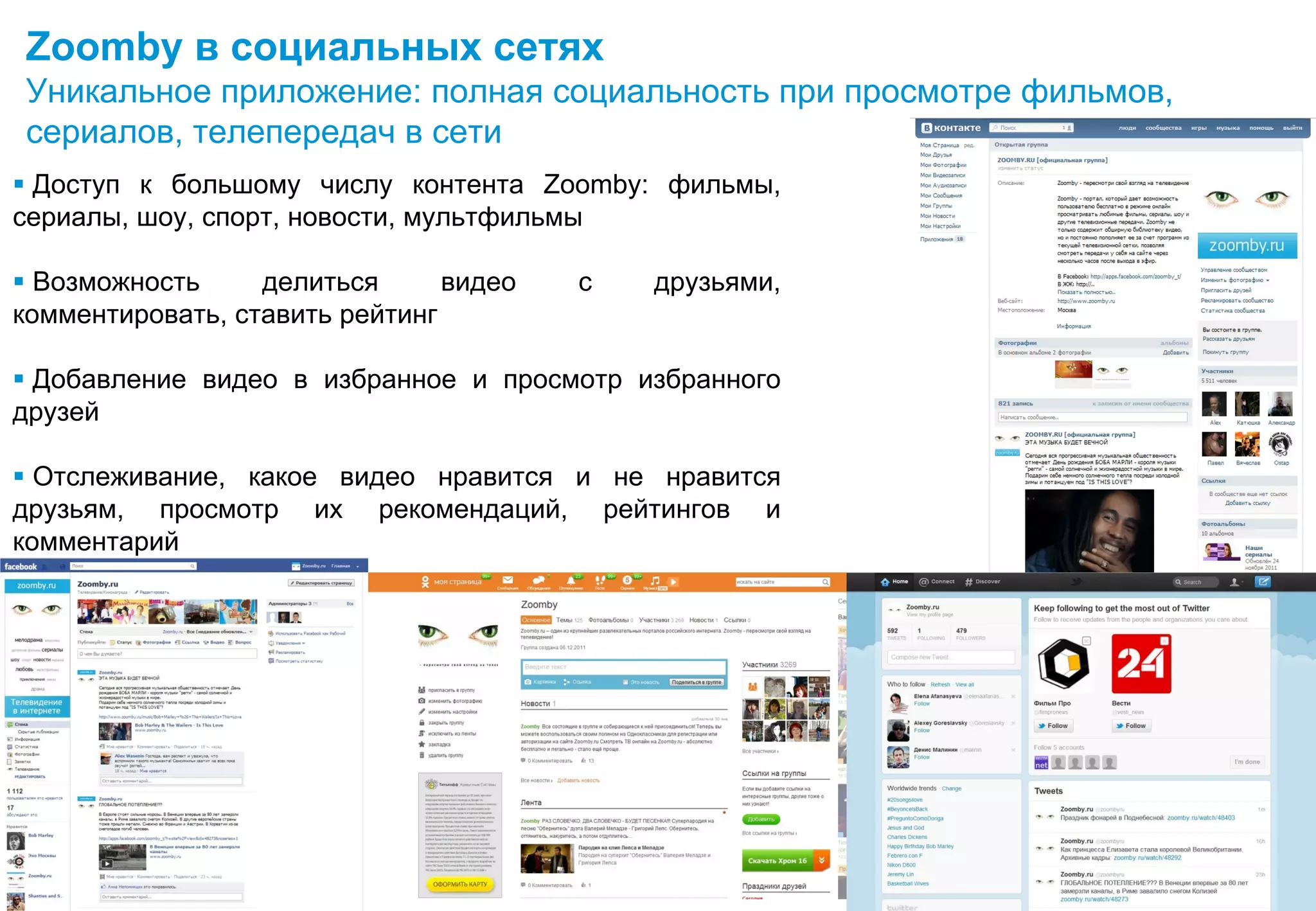Zoomby в социальных сетях
Уникальное приложение: полная социальность при просмотре фильмов,
сериалов, телепередач в сети
 Доступ к большому числу контента Zoomby: фильмы,
сериалы, шоу, спорт, новости, мультфильмы

  Возможность     делиться      видео   с   друзьями,
комментировать, ставить рейтинг

 Добавление видео в избранное и просмотр избранного
друзей

  Отслеживание, какое видео нравится и не нравится
друзьям, просмотр их рекомендаций, рейтингов и
комментарий
 