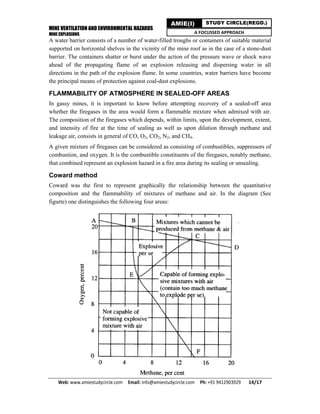 MINE VENTILATION AND ENVIRONMENTAL HAZARDS
MINE EXPLOSIONS
Web: www.amiestudycircle.com     Email: info@amiestudycircle.com     Ph: +91 9412903929       14/17 
AMIE(I) STUDY CIRCLE(REGD.)
A FOCUSSED APPROACH
A water barrier consists of a number of water-filled troughs or containers of suitable material
supported on horizontal shelves in the vicinity of the mine roof as in the case of a stone-dust
barrier. The containers shatter or burst under the action of the pressure wave or shock wave
ahead of the propagating flame of an explosion releasing and dispersing water in all
directions in the path of the explosion flame. In some countries, water barriers have become
the principal means of protection against coal-dust explosions.
FLAMMABILITY OF ATMOSPHERE IN SEALED-OFF AREAS
In gassy mines, it is important to know before attempting recovery of a sealed-off area
whether the firegases in the area would form a flammable mixture when admixed with air.
The composition of the firegases which depends, within limits, upon the development, extent,
and intensity of fire at the time of sealing as well as upon dilution through methane and
leakage air, consists in general of CO, O2, CO2, N2, and CH4.
A given mixture of firegases can be considered as consisting of combustibles, suppressors of
combustion, and oxygen. It is the combustible constituents of the firegases, notably methane,
that combined represent an explosion hazard in a fire area during its sealing or unsealing.
Coward method
Coward was the first to represent graphically the relationship between the quantitative
composition and the flammability of mixtures of methane and air. In the diagram (See
figurte) one distinguishes the following four areas:
 