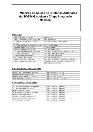 Mineiros da Atual e de Diretorias Anteriores da SOGIMIG apoiam a Chapa Integração Nacional<br />DIRETORIA <br />MARCELO LOPES CANÇADO PRESIDENTE MARCO AURÉLIO MARTINS DE SOUZA VICE-PRESIDENTE CARLOS HENRIQUE MASCARENHAS SILVA DIRETOR DE DEFESA PROFISSIONAL CLÁUDIA LOURDES SOARES LARANJEIRASECRETÁRIA GERALFREDERICO JOSÉ AMEDÉE PÉRET 1º. SECRETÁRIO JOSÉ AVILMAR LINO DA SILVA DIRETOR FINANCEIRO CLÁUDIA LÚCIA BARBOSA SALOMÃO DIRETORA DE ASSUNTOS COMUNITÁRIOS CLÁUDIA TEIXEIRA DA COSTA LODI DIRETORA SÓCIO-CULTURAL CLÉCIO ENIO MURTA LUCENA DIRETOR COMUNICAÇÃO GUI TARCISIO MAZZONI JR. DIRETOR INFORMÁTICA REGINA AMÉLIA L. P. AGUIAR DIRETORA DE ENSINO E RESIDÊNCIA MÉDICA MARIA INÊS DE MIRANDA LIMA COORDENADORA DAS VICE-PRESIDÊNCIAS  E DIRETORIAS REGIONAIS <br />VICE-PRESIDENTES REGIONAIS <br />PAULO MACEDO DE OLIVEIRA LEITE VICE-PRESIDENTE OESTE ROBERTO CARLOS MACHADO VICE-PRESIDENTE LESTE ROGER WILLIAM MORAES MENDES VICE-PRESIDENTE SULSÉRGIO MARTINS BICALHO VICE-PRESIDENTE CENTRO <br />EX-PRESIDENTES SOGIMIG<br />ANTONIO EUGÊNIO MOTTA FERRARI EX -PRESIDENTE SOGIMIG   ANTONIO FERNANDES LAGES EX -PRESIDENTE SOGIMIG   GERSON PEREIRA LOPES EX -PRESIDENTE SOGIMIG   JOÃO PEDRO JUNQUEIRA CAETANO EX -PRESIDENTE SOGIMIG   LUCAS VIANA MACHADO EX -PRESIDENTE SOGIMIG   MANUEL MAURÍCIO GONÇALVES EX -PRESIDENTE SOGIMIG   SERGIMAR PADOVEZI MIRANDAEX -PRESIDENTE SOGIMIG   VICTOR HUGO DE MELO EX -PRESIDENTE SOGIMIG   <br />CONSELHO CONSULTIVO<br />CLÓVIS ANTÔNIO BACHA DELZIO SALGADO BICALHO HENRIQUE MORAES SALVADOR SILVA IVONE DIRK DE SOUZA FILOGÔNIO LUIZ FERNANDO NEVES RIBEIRO TÂNIA MARA GIAROLLA DE MATOS VALÉRIA MARIA MORENO JACINTHO<br />DIRETORES REGIONAIS <br />ADRIANA WAGNER DIR. REGIONAL ALFENAS MARCO AURÉLIO BERNARDES CARVALHO DIR. REGIONAL BARBACENA RACHEL REZENDE CAMPOS DIR. REGIONAL BETIM FABIOLA BARBOSA DIAS BORGES DIR. REGIONAL BOM DESPACHO ANTONIO RAFAEL ALVES DIR. REGIONAL CONSELHEIRO LAFAIETE VANIA LÚCIA DE SOUSA DIR. REGIONAL CURVELO LUCIANO VIAL FARIA DIR. REGIONAL DIAMANTINA RENILTON AYRES LIMA DIR. REGIONAL IPATINGA LIA VIEIRA BOUFLEUR DRUMOND DIR. REGIONAL ITABIRA IWENS MOREIRA DE FARIA DIR. REGIONAL ITAÚNASEBASTIÃO VIEIRA CAMPOS DIR. REGIONAL JANAUBA VALÉRIA MARIA MORENO JACINTHO DIR. REGIONAL JOÃO MONLEVADE ROSILENE ALVES DE OLIVEIRA DIR. REGIONAL JUIZ DE FORA HELIO HADDAD FILHO DIR. REGIONAL DE LAVRAS CLEBER GONÇALVES FERREIRA DIR. REGIONAL MONTES CLAROS CARLOS WILSON DALA PAULA ABREU DIR. REGIONAL MURIAÉ ANTONIO CARLOS PINTO GUIMARÃESDIR. REGIONAL OURO PRETO IONE ACHADO ANDRÉ SANTIAGO DIR. REGIONAL PARACATÚ VINÍCIUS FRANCO DA VEIGA DIR. REGIONAL PATROCÍNIO EDMILSON NERY NOBRE DIR. REGIONAL PIRAPORA JOÃO GUILHERME FRANCODIR. REGIONAL POÇOS DE CALDAS BALTAZAR BRÍGIDO LEMOS DIR. REGIONAL PONTE NOVA GEOVANE ESTEVÃO V. FREITASDIR. REGIONAL SÃO FRANCISCO LUIZ CARLOS ANGELO TEIXEIRA DIR. REGIONAL SÃO JOÃO DEL REI MARCELO MACIEL DE ARAÚJO PORTO DIR. REGIONAL UBÁ MÁRIO SÉRGIO SILVA GOMES CAETANO DIR. REGIONAL UBERABA JOÃO THOMAZ DA COSTA DIR. REGIONAL UBERLÃNDIA RICARDO AURELIANO DINIZ VEADO DIR. REGIONAL VESPASIANO LUCIA HALFELD CLARK DIR. REGIONAL VIÇOSA<br />COMITÊS CIENTÍFICOS <br />ADRIANA LUCENA TRATO GENITAL INFERIOR E COLPOSCOPIA CARLOS SENRA ALEITAMENTO MATERNO E PERINATOLOGIA EDUARDO BATISTA CANDIDO ONCOLOGIA GINECOLOGICA IRACEMA FONSECA TRATO GENITAL INFERIOR E COLPOSCOPIA JOÃO TADEU LEITE DOS REIS SAÚDE COMUNITÁRIA JULIANA MOYSÉS IMAGINOLOGIA JULIO COUTO MEDICINA FETAL KARINE FERREIRA GINECOLOGIA E OBSTETRÍCIA INFANTO-PUBERAL MARCIA MENDONÇA REPRODUÇÃO HUMANA MARCOS TAVEIRA MEDICINA FETAL MAURÍLIO TRIGUEIRO ASSISTÊNCIA OBSTÉTRICA DE RISCO HABITUAL NELI SUELI T. SOUZA GRAVIDEZ DE ALTO RISCO E MORTALIDADE MATERNA RAMON LUIZ D. B. MOREIRA SEXOLOGIA THAIS PAIVA MASTOLOGIA <br />
