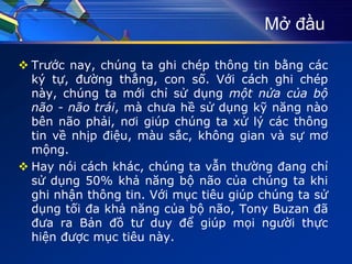 Mở đầu
 Trước nay, chúng ta ghi chép thông tin bằng các
ký tự, đường thẳng, con số. Với cách ghi chép
này, chúng ta mới chỉ sử dụng một nửa của bộ
não - não trái, mà chưa hề sử dụng kỹ năng nào
bên não phải, nơi giúp chúng ta xử lý các thông
tin về nhịp điệu, màu sắc, không gian và sự mơ
mộng.
 Hay nói cách khác, chúng ta vẫn thường đang chỉ
sử dụng 50% khả năng bộ não của chúng ta khi
ghi nhận thông tin. Với mục tiêu giúp chúng ta sử
dụng tối đa khả năng của bộ não, Tony Buzan đã
đưa ra Bản đồ tư duy để giúp mọi người thực
hiện được mục tiêu này.
 