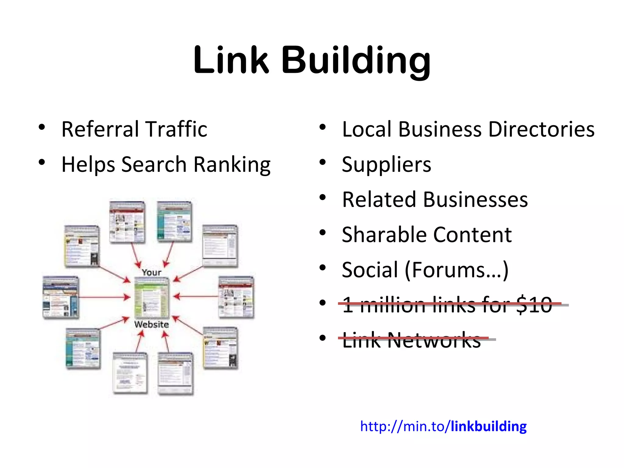 Link Building
• Referral Traffic       •   Local Business Directories
• Helps Search Ranking   •   Suppliers
                         •   Related Businesses
                         •   Sharable Content
                         •   Social (Forums…)
                         •   1 million links for $10
                         •   Link Networks


                              http://min.to/linkbuilding
 