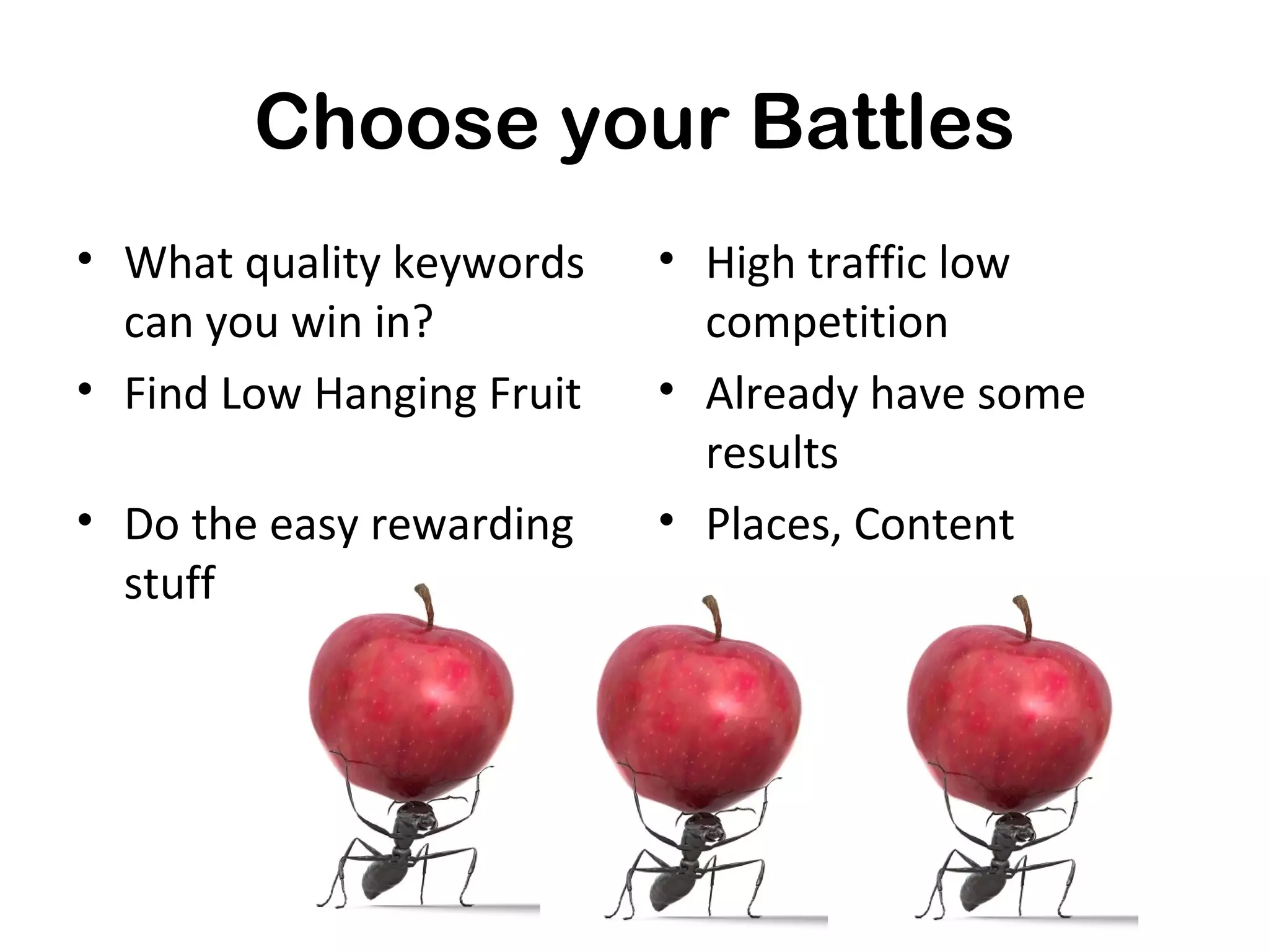 Choose your Battles
• What quality keywords    • High traffic low
  can you win in?            competition
• Find Low Hanging Fruit   • Already have some
                             results
• Do the easy rewarding    • Places, Content
  stuff
 