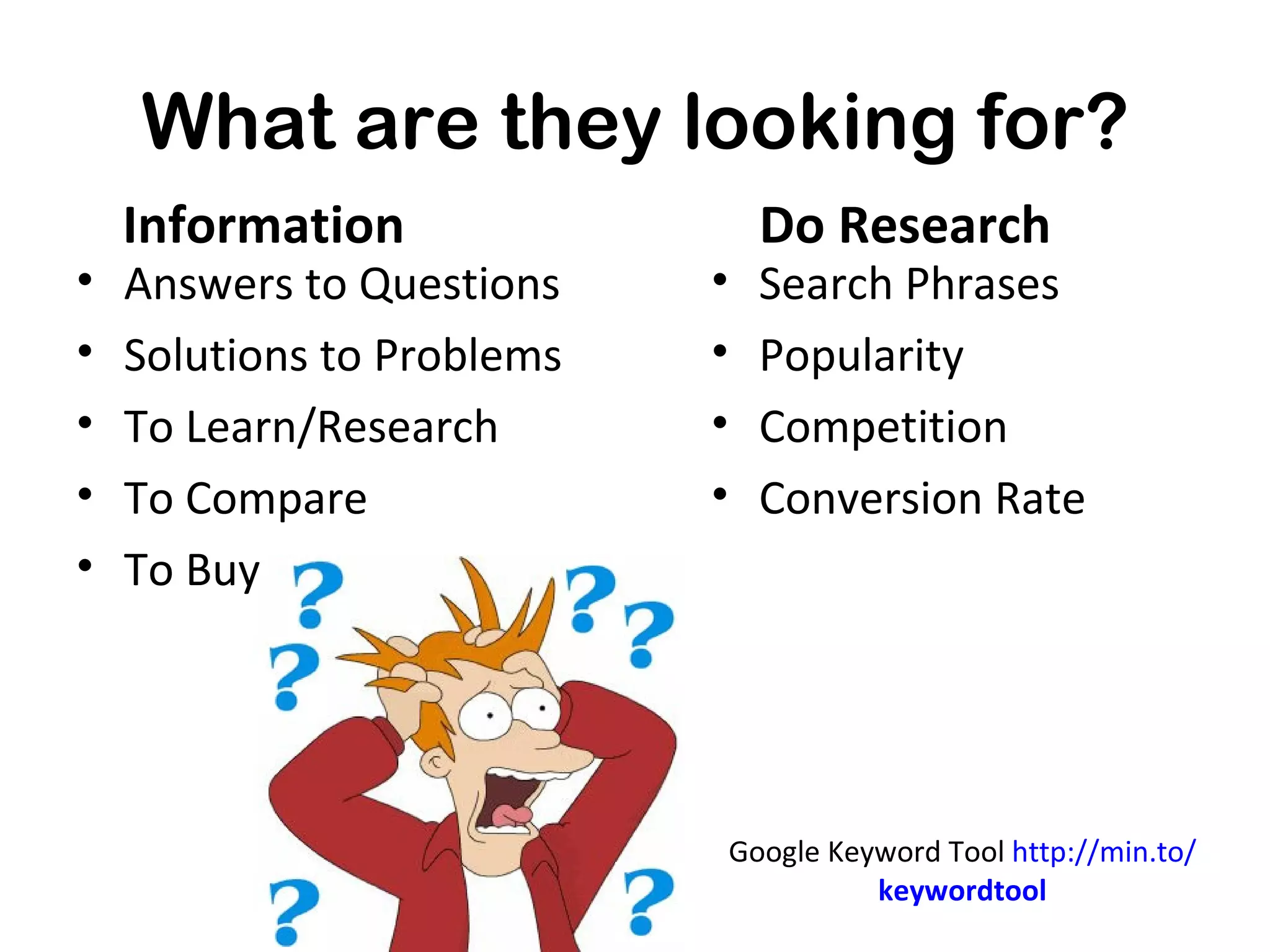 What are they looking for?
    Information                 Do Research
•   Answers to Questions    •   Search Phrases
•   Solutions to Problems   •   Popularity
•   To Learn/Research       •   Competition
•   To Compare              •   Conversion Rate
•   To Buy




                                   Google Keyword Tool
                                http://min.to/keywordtool
 