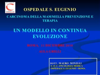 DOTT .  MAURO  MINELLI   U. O. C. ONCOLOGIA MEDICA   OSPEDALE S. EUGENIO – ROMA   OSPEDALE S. EUGENIO CARCINOMA DELLA MAMMELLA PREVENZIONE E TERAPIA UN MODELLO IN CONTINUA EVOLUZIONE ROMA,  11 DICEMBRE 2010 AULA GRILLI 