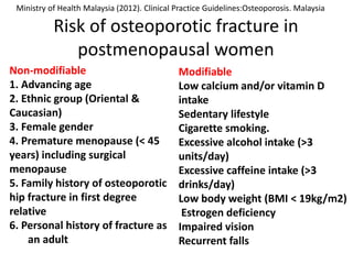 Risk of osteoporotic fracture in
postmenopausal women
Non-modifiable
1. Advancing age
2. Ethnic group (Oriental &
Caucasian)
3. Female gender
4. Premature menopause (< 45
years) including surgical
menopause
5. Family history of osteoporotic
hip fracture in first degree
relative
6. Personal history of fracture as
an adult
Modifiable
Low calcium and/or vitamin D
intake
Sedentary lifestyle
Cigarette smoking.
Excessive alcohol intake (>3
units/day)
Excessive caffeine intake (>3
drinks/day)
Low body weight (BMI < 19kg/m2)
Estrogen deficiency
Impaired vision
Recurrent falls
Ministry of Health Malaysia (2012). Clinical Practice Guidelines:Osteoporosis. Malaysia
 