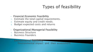 • Financial/Economic Feasibility
1. Estimate the total capital requirements.
2. Estimate equity and credit needs.
3. Budget expected costs and returns
• Organizational/Managerial Feasibility
1. Business Structure
2. Business Founders
• Environmental feasibility
Environmental impact and their assessment
 