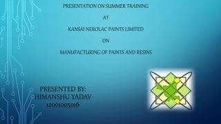 PRESENTATION ON SUMMER TRAINING 
AT 
KANSAI NEROLAC PAINTS LIMITED 
ON 
MANUFACTURING OF PAINTS AND RESINS 
PRESENTED BY: 
HIMANSHU YADAV 
12001005016 
 