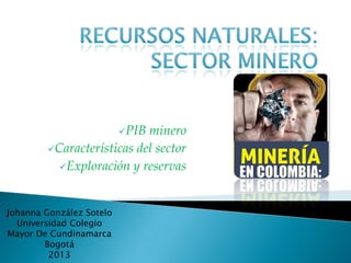 PIB minero
Características del sector
Exploración y reservas
Johanna González Sotelo
Universidad Colegio
Mayor De Cundinamarca
Bogotá
2013
 