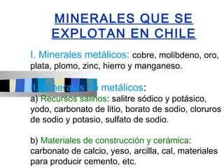 MINERALES QUE SE
     EXPLOTAN EN CHILE
I. Minerales metálicos: cobre, molibdeno, oro,
plata, plomo, zinc, hierro y manganeso.

II. Minerales no metálicos:
a) Recursos salinos: salitre sódico y potásico,
yodo, carbonato de litio, borato de sodio, cloruros
de sodio y potasio, sulfato de sodio.

b) Materiales de construcción y cerámica:
carbonato de calcio, yeso, arcilla, cal, materiales
para producir cemento, etc.
 