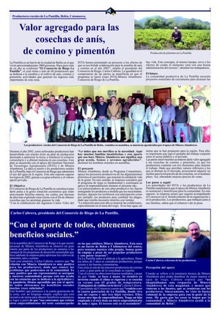 3

  Productores rurales de La Puntilla, Belén, Catamarca.



        Valor agregado para las
            cosechas de anís,
         de comino y pimentón                                                                                              Producción de pimiento en La Puntilla.


La Puntilla es un barrio de la ciudad de Belén en el que      INTA hemos presentado un proyecto a los efectos de        hay vida. Este concepto, al mismo tiempo, sirve a los
viven aproximadamente 1800 personas. Hace poco más            que se nos brinde colaboración para la siembra de anís    efectos de cuidar el elemento vital con una buena
de un año se conformó “El Consorcio de Riego La               y comino en el año 2003”, amplía el presidente del        administración del recurso”, detallan los trabajadores.
Puntilla”, el cual reúne a más de 60 productores que          Consorcio de Riego, Carlos Cabrera. La igualdad en el
se dedican a la siembra y al cultivo de anís, comino y        compromiso de las partes se manifiesta en que el          El futuro
pimentón, actividades que generan los ingresos más            programa se lanzó como INTA-Minera Alumbrera-             La comunidad productiva de La Puntilla necesita
importantes de esta zona.                                     Consorcio de Riego de La Puntilla.                        proyectos sostenidos de crecimiento para alcanzar las




             Los productores rurales del Consorcio de Riego de La Puntilla de Belén, reunidos en asamblea, se muestran agradecidos por el apoyo de Minera Alumbrera.

Durante el año 2002, estos esforzados productores han         “Lo único que nos moviliza es la necesidad. Aquí          metas que se han propuesto para la región. Para ello,
desarrollado con mucho éxito un plan de producción            hay muchas familias insatisfechas y este aporte           es importante que siga el ejemplo del trabajo conjunto
destinado a optimizar la tierra, a fortalecer el esfuerzo     que nos hace Minera Alumbrera nos significa una           entre el sector público y el privado.
comunitario y a obtener mejoras en sus cosechas. Este         gran ayuda. Somos y seremos agradecidos”,                 Las partes intervinientes acordaron darle valor agregado
plan se desarrolla con el apoyo del Instituto Nacional        declaran los hombres reunidos en asamblea.                a las cosechas de comino y pimentón, ya que los
de Tecnología Agropecuaria (INTA) y de Minera                                                                           productores contarán con los elementos para mejorar
Alumbrera. La idea es asistir a los productores rurales       El proyecto                                               el trabajo. Dado que perciben valores inferiores a los
de La Puntilla, bajo el Consorcio de Riego que administra     Minera Alumbrera, desde su Programa Comunitario,          que se abonan en el mercado, proyectaron adquirir un
el uso del agua en la región. Este año esperan superar        apoya los proyectos productivos de los departamentos      molino para la trituración de las cosechas, en el mediano
los logros de 2002, gracias a su gran esfuerzo y al valioso   próximos al yacimiento, que mejoran la calidad de vida    plazo. Así, obtendrán mejores precios de venta.
aporte privado.                                               de la gente. En este sentido, la empresa considera que
                                                              el programa de riego es fundamental y continuará su       Los pasos a seguir
El Objetivo                                                   apoyo al emprendimiento durante el presente año.          Las autoridades del INTA y los productores de La
El Consorcio de Riego de La Puntilla se constituyó para       Los patrocinadores de este plan productivo les fueron     Puntilla manifestaron que el apoyo de Minera Alumbrera
darle pelea a la grave situación económica que están          entregando los productos a medida que los necesitaban.    es sustancial y beneficioso para la comunidad. En este
atravesando familias enteras, las cuales, por decenas         Incluso, algunos los recibieron con anticipación como     aspecto, la empresa aclaró que seguirá acompañando
de años han explotado estas tierras con el fin de obtener     por ejemplo, los productos para combatir las plagas,      al Consorcio en el fortalecimiento de la organización y
cosechas que les permitan ganarse la vida                     dado que resulta necesario tenerlos con tiempo.           en la producción. Los productores, que trabajan junto a
“Con la colaboración del ingeniero Carlos Vélez del           “La intención para este año es mejorar las condiciones,   sus familias, saben que el esfuerzo vale la pena.
                                                              especialmente en el tema del riego. Si no hay agua, no

Carlos Cabrera, presidente del Consorcio de Riego de La Puntilla.


“Con el aporte de todos, obtenemos
beneficios sociales.”
En la asamblea del Consorcio de Riego a la que asistió        en los que colabora Minera Alumbrera. Esta zona
personal de Minera Alumbrera se observó un gran               es un barrio de Belén a 5 kilómetros del centro,
interés por parte de los productores en sumarse a las         pero tenemos nuestra vida propia. Somos gente
ventajas de los programas de desarrollo sustentable que       de empuje a pesar de ser pequeños productores
lleva adelante la empresa para optimizar los cultivos de      y con pocos recursos”.
pimentón, anís y comino.                                      En La Puntilla todos se dedican a la agricultura. Hasta
Ante esta situación, Carlos Cabrera, sostuvo que “la          los niños de 5 años se consideran productores porque      Carlos Cabrera, referente de los productores.
relación con Minera Alumbrera es muy positiva                 asisten a las huertas comunitarias.
para los productores, dado que conoce los                     Esta zona es una de las mayores productoras de comino     Percepción del apoyo
problemas que padecemos en la comunidad. Es                   y anís, y gran parte de lo cosechado se exporta.
muy positivo que sus representantes se acerquen                Con el comino se obtuvieron buenos resultados, a pesar   Cuando se refiere a la asistencia técnica de Minera
a nuestras comunidades porque esto nos ayuda                  de que “todo se hace a mano. Se siembra en                Alumbrera para poder distribuir de mejor manera el
con las estancias que se dedican a la agricultura y           invierno cuando el clima es riguroso y se cosecha         agua de riego, Cabrera expresa que “no
la ganadería. Hemos aprendido que con el aporte               en verano con 45 grados de temperatura.                   imaginábamos una respuesta de Minera
de todos obtenemos los beneficios sociales                    Trabajamos de rodillas en la tierra”, afirma Cabrera.     Alumbrera de esta magnitud, y menos que
muchas veces anhelados”.                                      El presidente del Consorcio cuenta que “vendría a ser     vinieran a las fuentes, que se reunieran con los
Este hombre, que pertenece a la cuarta generación de          la cuarta generación de La Puntilla, donde vivo           productores. Sinceramente, he visto la buena
la zona, con un lenguaje simple, explica que esta             con mi esposa y mis tres hijos varones. Ellos             voluntad de la empresa para con la gente de la
iniciativa de unirse para obtener beneficios económicos       tienen otro tipo de emprendimiento. Tengo un hijo         zona. Me gusta que las cosas se hagan por la
se logró a partir de que “nos enteramos que existen           empleado y el otro tiene un micro emprendimiento          comunidad, y Minera Alumbrera ayudó a la
otros emprendimientos del oeste catamarqueño                  de soda y agua. El tercero está en el secundario”.        comunidad de Belén”.
 