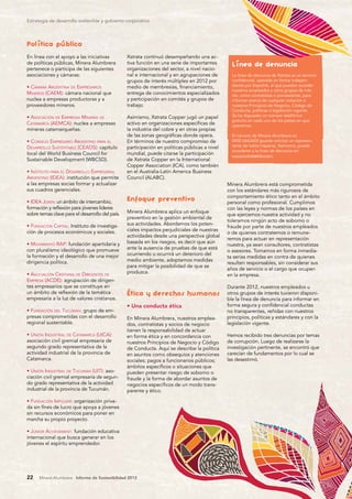 22	 Minera Alumbrera Informe de Sostenibilidad 2012
Estrategia de desarrollo sostenible y gobierno corporativo
Política pú...