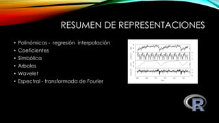 RESUMEN DE REPRESENTACIONES
• Polinómicas - regresión interpolación
• Coeficientes
• Simbólica
• Arboles
• Wavelet
• Espec...