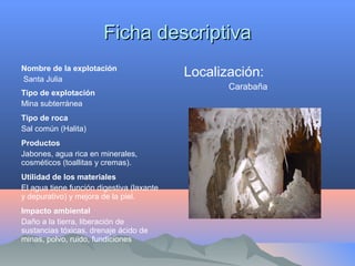 Ficha descriptivaFicha descriptiva
Nombre de la explotación
Santa Julia
Tipo de explotación
Mina subterránea
Tipo de roca
Sal común (Halita)
Productos
Jabones, agua rica en minerales,
cosméticos (toallitas y cremas).
Utilidad de los materiales
El agua tiene función digestiva (laxante
y depurativo) y mejora de la piel.
Impacto ambiental
Daño a la tierra, liberación de
sustancias tóxicas, drenaje ácido de
minas, polvo, ruido, fundiciones
Localización:
Carabaña
 
