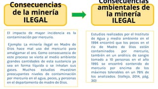 Consecuencias
de la minería
ILEGAL
El impacto de mayor incidencia es la
contaminación por mercurio.
Ejemplo: La minería ilegal en Madre de
Dios hace mal uso del mercurio para
amalgamar el oro. Como consecuencia de
este proceso se vierte al medio ambiente
grandes cantidades de esta sustancia ya
sea en forma líquida o se inhalan sus
gases. Muchos estudios muestran
preocupantes niveles de contaminación
por mercurio en el agua, peces, y personas
en el departamento de madre de Dios.
Estudios realizados por el Instituto
de Agua y medio ambiente en el
1994 encontró que los peces en el
rio de Madre de Dios están
contaminados por mercurio,
también en un análisis de sangre
tomado a 10 personas en el año
1995 se encontró contenido de
mercurio por encima de los
máximos tolerables en un 78% de
los analizados. (Vallejo, 2014, pág.
30)
Consecuencias
ambientales de
la minería
ILEGAL
 