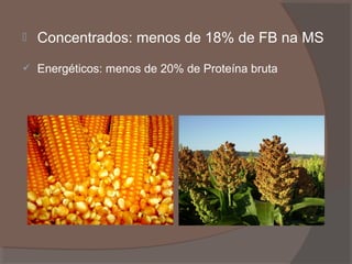 

Concentrados: menos de 18% de FB na MS



Energéticos: menos de 20% de Proteína bruta

 