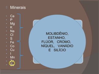 

Minerais

•
•
•
•
•
•
•
•
•
•
•
•
•
•

Ca
P
Mg
K
Na
Cl
S
Fe
Co
Cu
I
Mn
Zn
Se

MACROELEMENTOS
(%)
MOLIBDÊNIO,
ESTANHO,
FLÚOR, CROMO,
NÍQUEL, VANÁDIO
E SILÍCIO

MICROELEMENTOS
(ppm)

 
