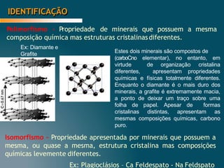 Polimorfismo – Propriedade de minerais que possuem a mesma
composição química mas estruturas cristalinasdiferentes.
IDENTIFICAÇÃO
Ex: Diamante e
Grafite
Estes dois minerais são compostos de
(carboCno
virtude
diferentes,
elementar), no entanto, em
de organização cristalina
apresentam propriedades
químicas e físicas totalmente diferentes.
Enquanto o diamante é o mais duro dos
minerais, a grafite é extremamente macia,
a ponto de deixar um traço sobre uma
folha de papel. Apesar de formas
cristalinas distintas, apresentam as
mesmas composições químicas, carbono
puro.
Isomorfismo – Propriedade apresentada por minerais que possuem a
mesma, ou quase a mesma, estrutura cristalina mas composições
químicas levemente diferentes.
Ex: Plagioclásios – Ca Feldespato - Na Feldspato
 