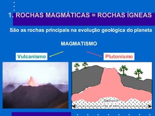 1.  ROCHAS MAGMÁTICAS = ROCHAS ÍGNEAS São as rochas principais na evolução geológica do planeta MAGMATISMO Vulcanismo Plutonismo 