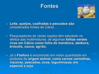 Fontes
 Leite, queijos, coalhadas e pescados são
considerados fontes de Cálcio.
 Pesquisadores de várias nações têm estudado os
efeitos das multimisturas, de algumas folhas verdes
ricas em Cálcio como folha de mandioca, abóbora,
brócolis, couve, agrião.
 Já o Fósforo é encontrado em maior quantidade em
produtos de origem animal, como carnes vermelhas,
vísceras, pescados, ovos, leguminosas, em
especial a soja.
 