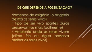 DE QUE DEPENDE A FOSSILIZAÇÃO?
-Presença de oxigénio (o oxigénio
destrói os seres vivos)
- Tipo de ser vivo (partes duras
preservam-se mais facilmente)
- Ambiente onde os seres vivem
(clima frio ou água preserva
melhor os seres vivos)
 
