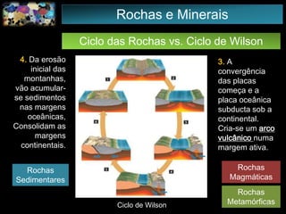 Ciclo das Rochas vs. Ciclo de Wilson
Rochas e Minerais
4. Da erosão
inicial das
montanhas,
vão acumular-
se sedimentos
nas margens
oceânicas,
Consolidam as
margens
continentais.
3. A
convergência
das placas
começa e a
placa oceânica
subducta sob a
continental.
Cria-se um arco
vulcânico numa
margem ativa.
Rochas
Magmáticas
Rochas
Sedimentares
Rochas
Metamórficas10Ciclo de Wilson
 