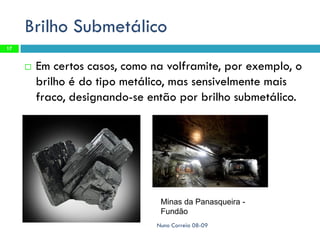 Brilho Submetálico
17


        Em certos casos, como na volframite, por exemplo, o
         brilho é do tipo metálico, mas sensivelmente mais
         fraco, designando-se então por brilho submetálico.




                                 Minas da Panasqueira -
                                 Fundão
                                Nuno Correia 08-09
 