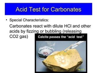 Acid Test for Carbonates
• Special Characteristics:
  Carbonates react with dilute HCl and other
  acids by fizzing or bubbling (releasing
  CO2 gas)
 