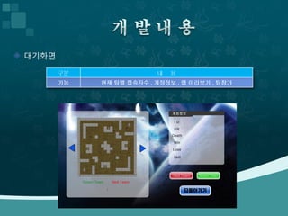  대기화면

         구분                내   용
         기능   현재 팀별 접속자수 , 계정정보 , 맵 미리보기 , 팀참가
 