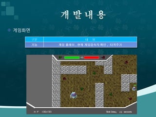  게임화면

         구분              내   용
         기능   게임 플레이 , 현재 게임접속자 확인 , 타격주기
 