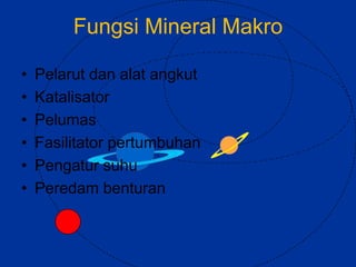 Fungsi Mineral Makro
• Pelarut dan alat angkut
• Katalisator
• Pelumas
• Fasilitator pertumbuhan
• Pengatur suhu
• Peredam benturan
 