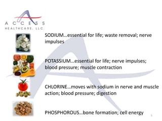 5
SODIUM…essential for life; waste removal; nerve
impulses
POTASSIUM…essential for life; nerve impulses;
blood pressure; muscle contraction
CHLORINE…moves with sodium in nerve and muscle
action; blood pressure; digestion
PHOSPHOROUS…bone formation; cell energy
 
