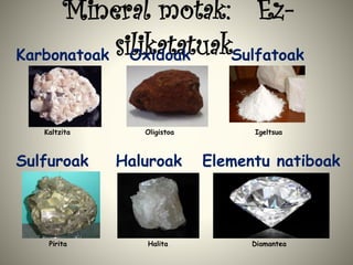 Mineral motak: Ez-
silikatatuakKarbonatoak Oxidoak Sulfatoak
Kaltzita Oligistoa Igeltsua
Sulfuroak Haluroak Elementu natiboak
Pirita Halita Diamantea
 