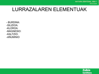 NATURA ZIENTZIAK, DBH 1
Mineralak
LURRAZALAREN ELEMENTUAK
- BURDINA:
-SILIZIOA:
-KLOROA:
-MAGNESIO:
-KALTZIO:
-AÑUMINIO
 