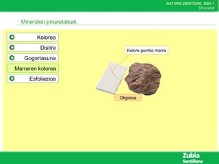 NATURA ZIENTZIAK, DBH 1
Mineralak
Mineralen propietateak
Kolorea
Distira
Gogortasuna
Oligistoa
Kolore gorriko marra
Marraren kolorea
Esfoliazioa
 