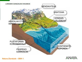UNIDAD
3 Lurrazalaren osagaiak
Natura Zientziak – DBH 1
10
Lurrazal kontinentalaren erliebea
MENDIKATEAK
KRATOIAK
HONDAR-
ERLIEBEAK
KONTIENNTE-
EZPONDAITASPEKO
HARROILAK
PLATAFORMA
KONTINENTALA
ARROILAK ETA
RIFTAK
 