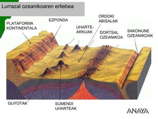 UNIDAD
3 Lurrazalaren osagaiak
Natura Zientziak – DBH 1
10
Lurrazal ozeanikoaren erliebea
UHARTE-
ARKUAK
ORDOKI
ABISALAK
SAKONUNE
OZEANIKOAK
DORTSAL
OZEANIKOA
SUMENDI
UHARTEAK
GUYOTAK
EZPONDA
PLATAFORMA
KONTINENTALA
UHARTE-ARKUAK
 