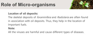 Role of Micro-organisms
Location of oil deposits:
The skeletal deposits of foraminifera and Radiolaria are often found
in association with oil deposits. Thus, they help in the location of
Important fuels.
Note:
All the viruses are harmful and cause different types of diseases.
 