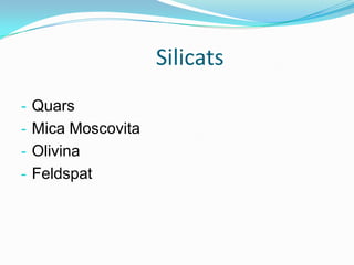 Cinabri                   BlendaComposició: es compon de sulfursDuresa: 3,5 a 4Densitat: 3,9 a 4,2 g/cm3Color: marró,groc o vermellForma cristal·lina: cúbicaPropietats: te una exfoliació perfectaUtilitats: se n’extreu el ferroOrigen: s’extreud’àvila, pertany al grip de les menes.
