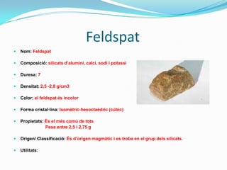                    HematitesComposició: Òxids de ferroDuresa: 6,5Densitat: 6,2- 6,3 g/cm3Color: Acer a negre de ferro, vermella quan els cristalls són molt petitsForma cristal.lina: Prismàtic o tabularPropietats: Ratlla- vermellaExfoliació- inexistentUtilitats: És un mineral d'ús industrial per a l'extracció de ferro, s'empra com a pedra ornamental.Origen/ Classificació:  es d’origenvolcànic i estroba em elgrup de lesmenes.